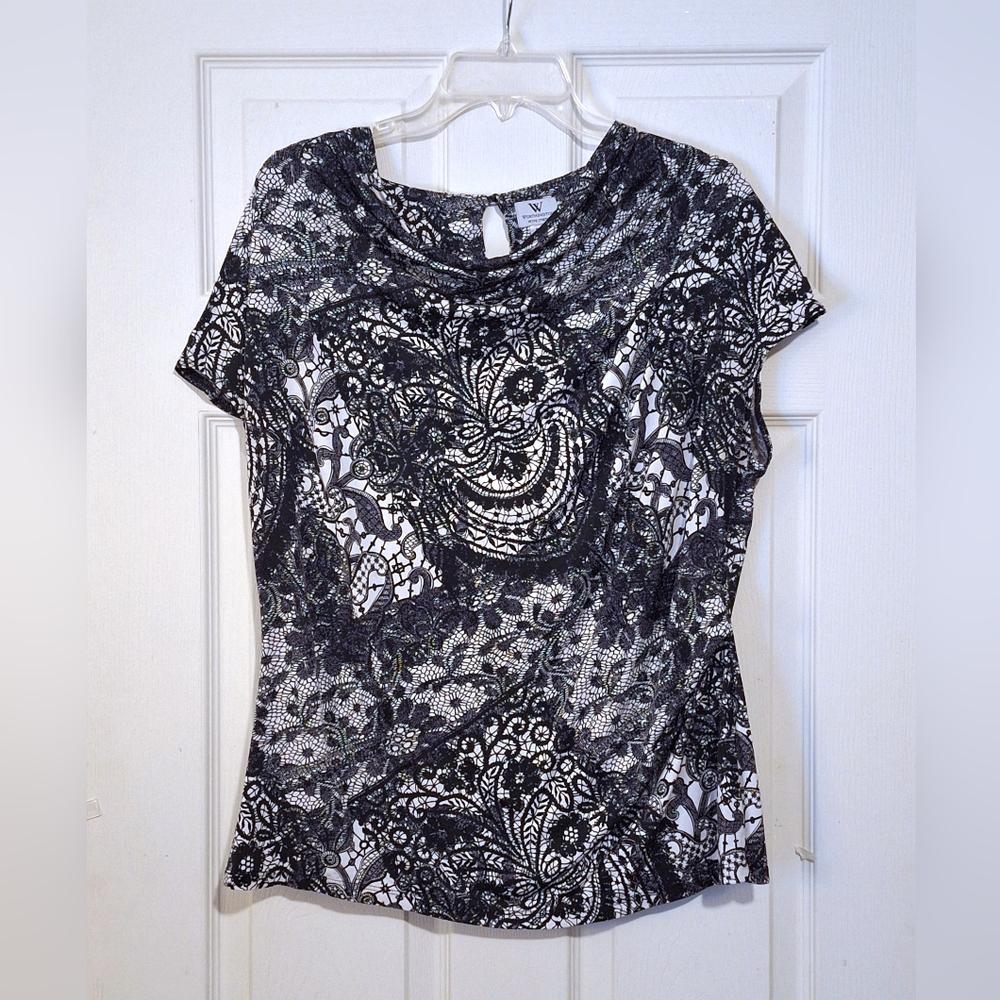 'Worthington' intricate black & white floral design draped neck shirt, Sz. PXL